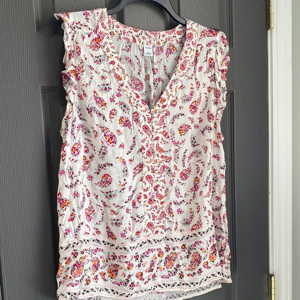 Old Navy Floral V-Neck Blouse - Pink and White